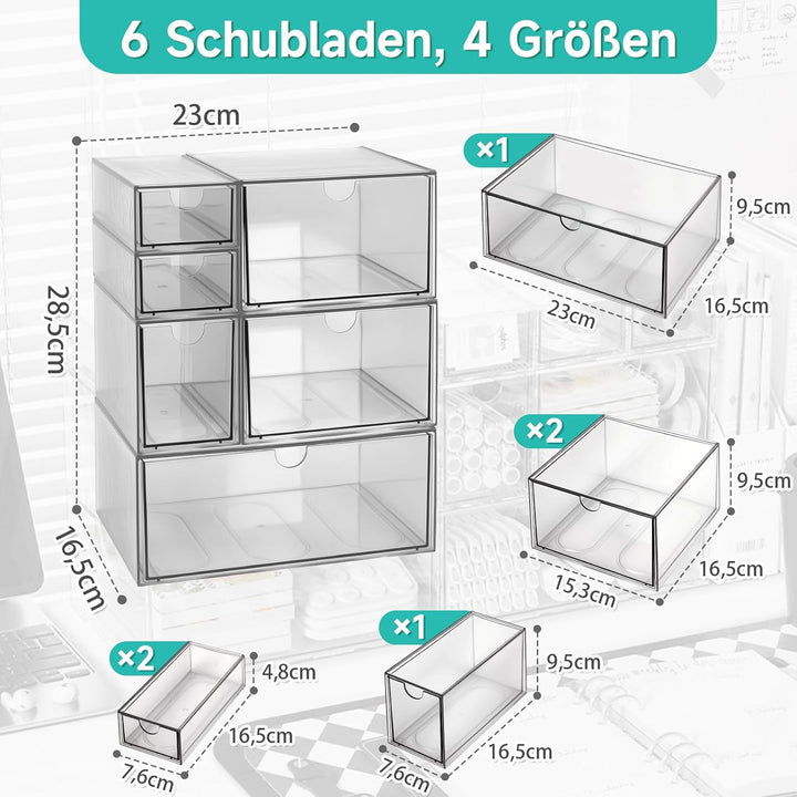 Acryl Schreibtisch Organizer mit 6-Schubladen, Make up Organizer Kunststoff, 23x16,5x28,5 cm, Klare