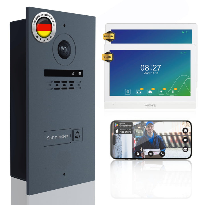 Mathfel 2-Draht Video Türsprechanlage Einfamilienhaus – Full HD 170° Kamera mit WLAN – 2×10-Zoll Tou