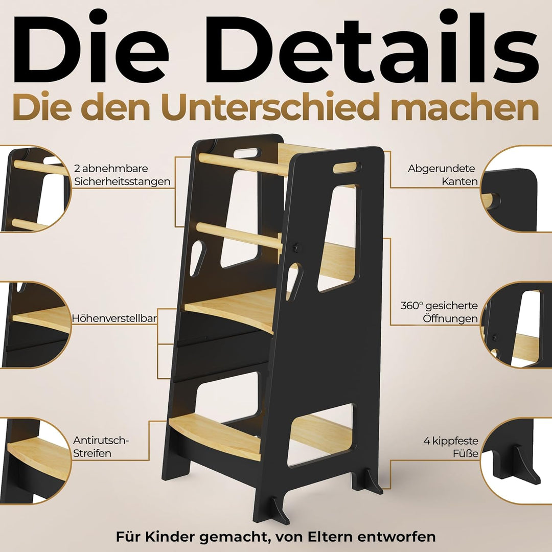 BEY &amp; CO® Lernturm/Entdeckerturm aus Holz – Küchenhelfer für Kinder – 3-Fach höhenverstellbar, mit R