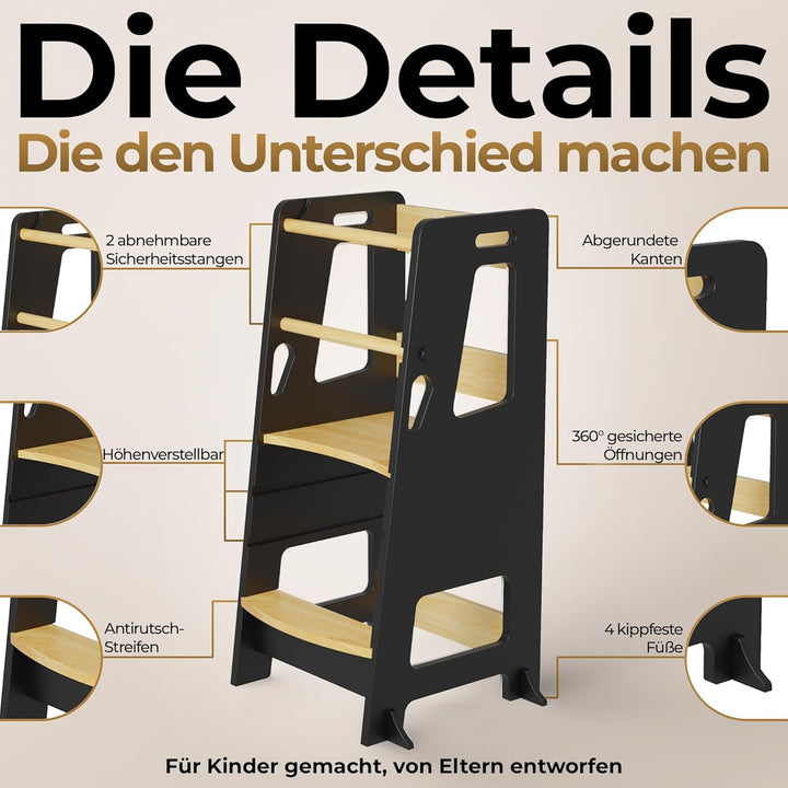 BEY &amp; CO® Lernturm/Entdeckerturm aus Holz – Küchenhelfer für Kinder – 3-Fach höhenverstellbar, mit R