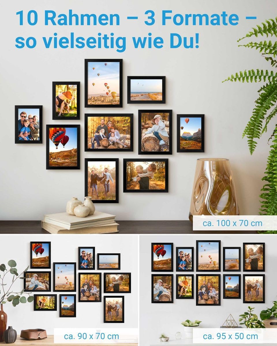 PHOTOLINI Schwarze Bilderrahmen Set verschiedene Grössen, Bilderrahmen Collage 10 Rahmen, Bilderrahm