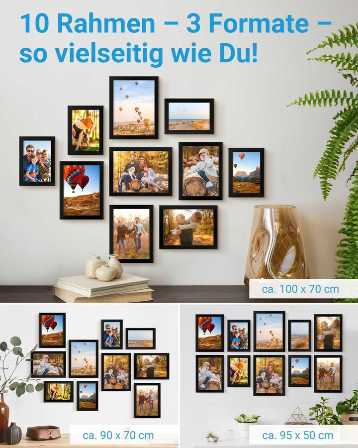 PHOTOLINI Schwarze Bilderrahmen Set verschiedene Grössen, Bilderrahmen Collage 10 Rahmen, Bilderrahm