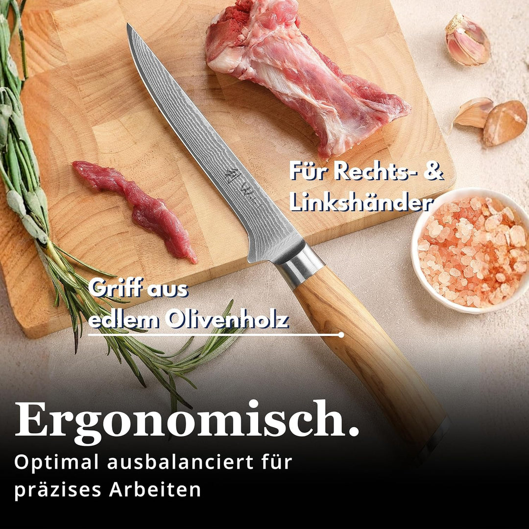 Wakoli Olive Ausbeinmesser aus echtem Damaststahl (VG10 Kern) mit 14,5 cm Klinge – Scharf und ergono
