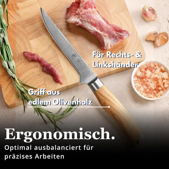 Wakoli Olive Ausbeinmesser aus echtem Damaststahl (VG10 Kern) mit 14,5 cm Klinge – Scharf und ergono