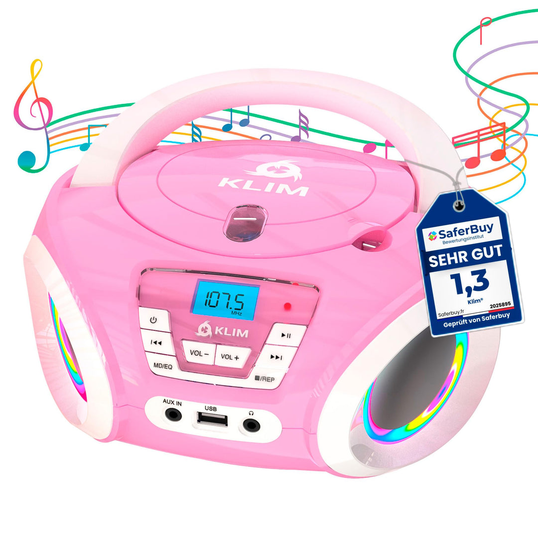 KLIM Candy Kids CD Player für Kinder - NEU 2024 - UKW-Radio - Inklusive Batterien - Rosa - Boombox t