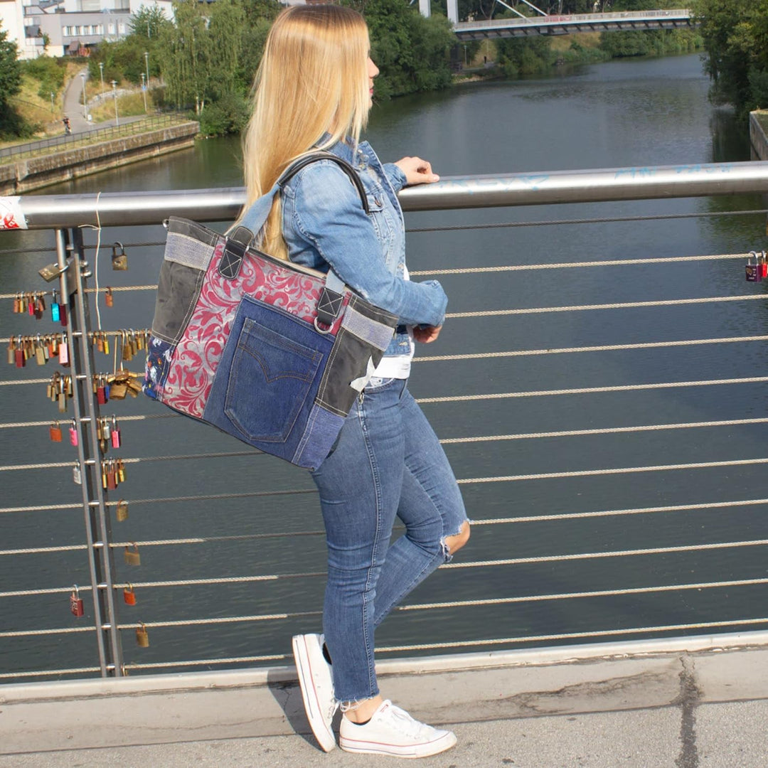 Sunsa Damen Handtasche. Grosse Nachhaltige Schultertasche aus Recycelte Jeans Canvas &amp; Leder. A4 gee