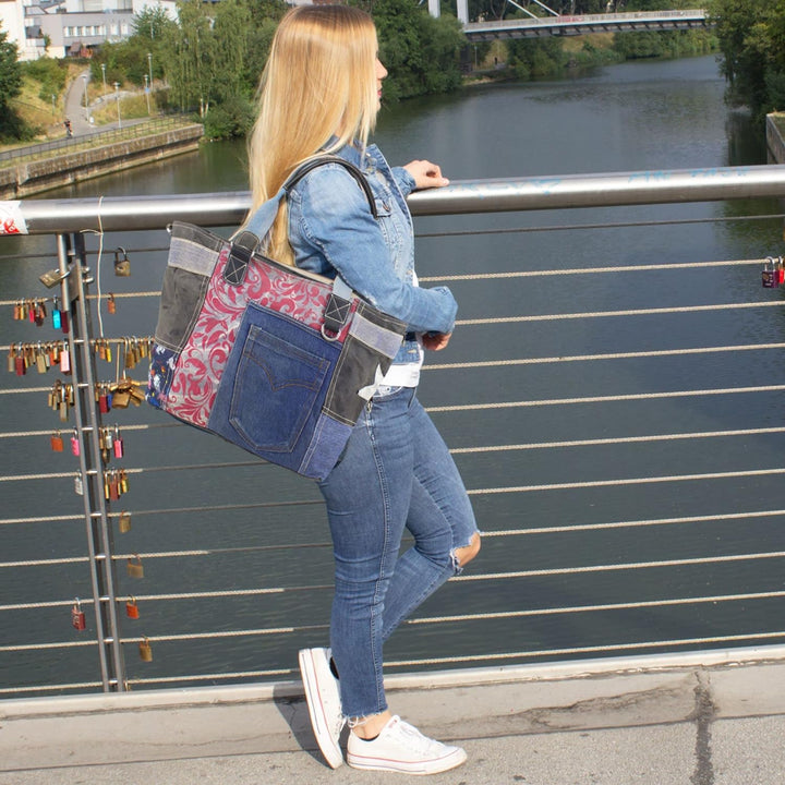 Sunsa Damen Handtasche. Grosse Nachhaltige Schultertasche aus Recycelte Jeans Canvas &amp; Leder. A4 gee