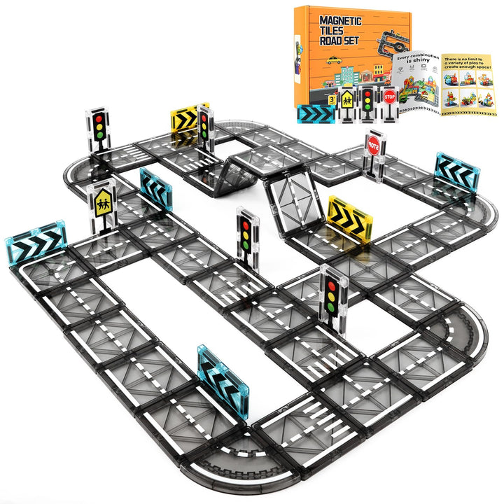 Magnetische Bausteine Strassenset, 52 Stück Magnet Fliesen Spiel Stadt Strassen, Magnetic Road Tiles