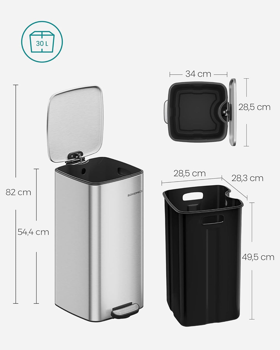 SONGMICS Mülleimer Küche, 30 Liter Abfalleimer, Tretmülleimer, Stahl, mit Inneneimer, Softclose, Off