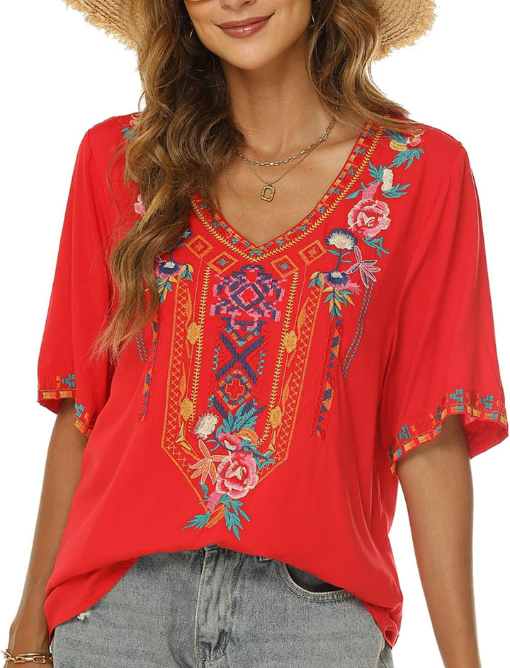 Seasonal Tunika Damen Sommer Boho Bluse Folklore Stickerei Oberteil Trachten Hippie Kleidung Kurzarm