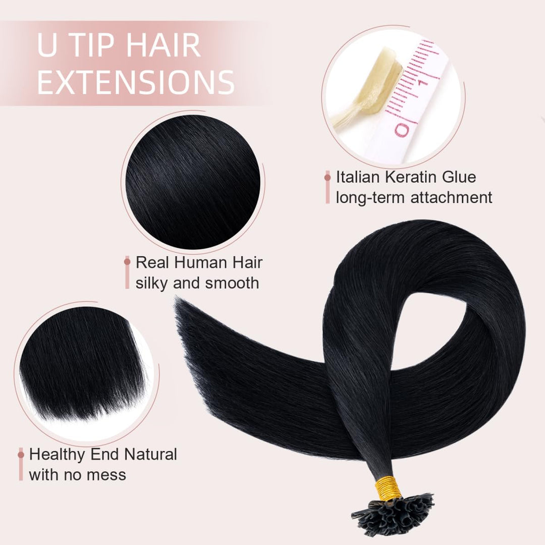 50cm Bonding Extensions Echthaar 1g Haarteile Echthaar 01# Rabenschwarz Keratin U-Tip Haarverlängeru