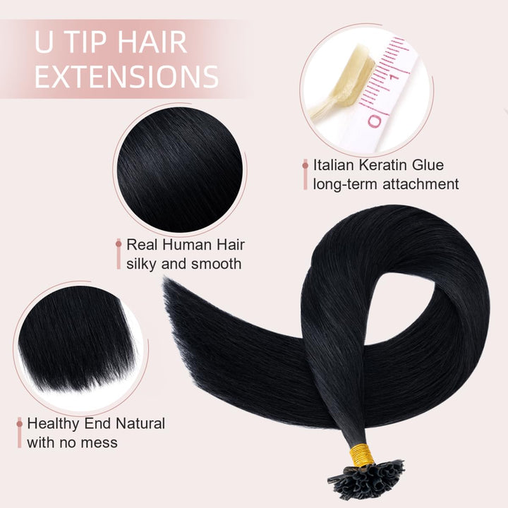 50cm Bonding Extensions Echthaar 1g Haarteile Echthaar 01# Rabenschwarz Keratin U-Tip Haarverlängeru