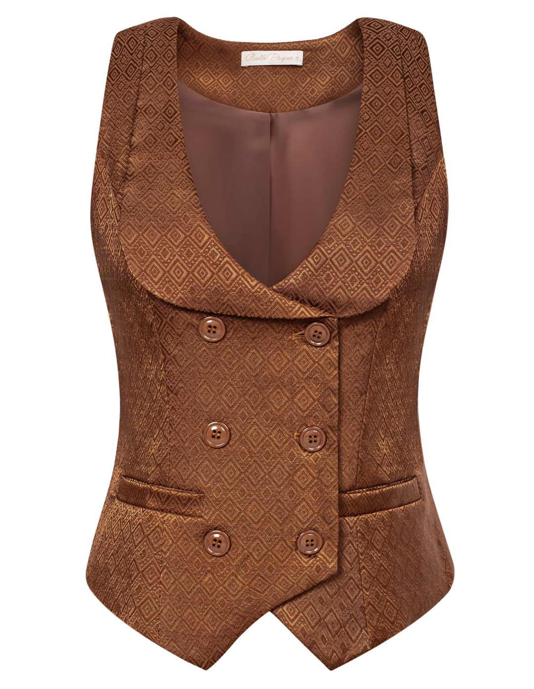 Belle Poque Damen Weste mit Gebogenes Revers V-Ausschnitt Karierte Weste mit Zwei Taschen Geometrisc