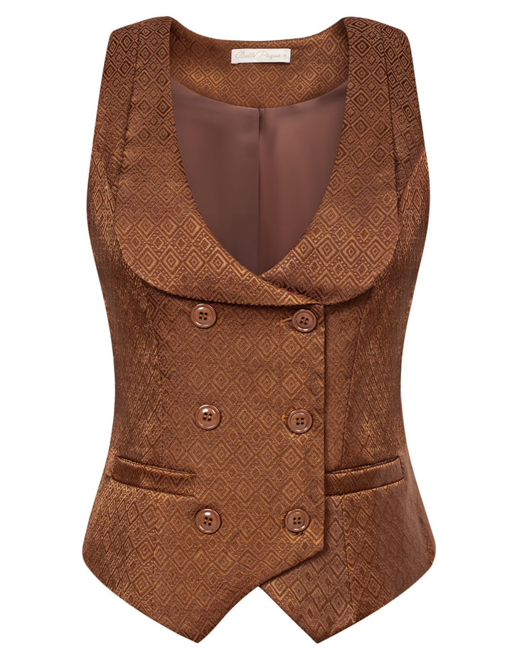 Belle Poque Damen Weste mit Gebogenes Revers V-Ausschnitt Karierte Weste mit Zwei Taschen Geometrisc