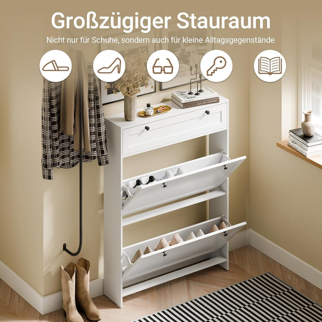 SoBuy Schuhkipper Schmal, Schuhschrank Weiss, Bis zu 8 Paar Schuhe, Mit Schubladen und Klapptüren, F