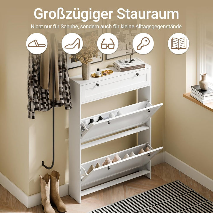 SoBuy Schuhkipper Schmal, Schuhschrank Weiss, Bis zu 8 Paar Schuhe, Mit Schubladen und Klapptüren, F