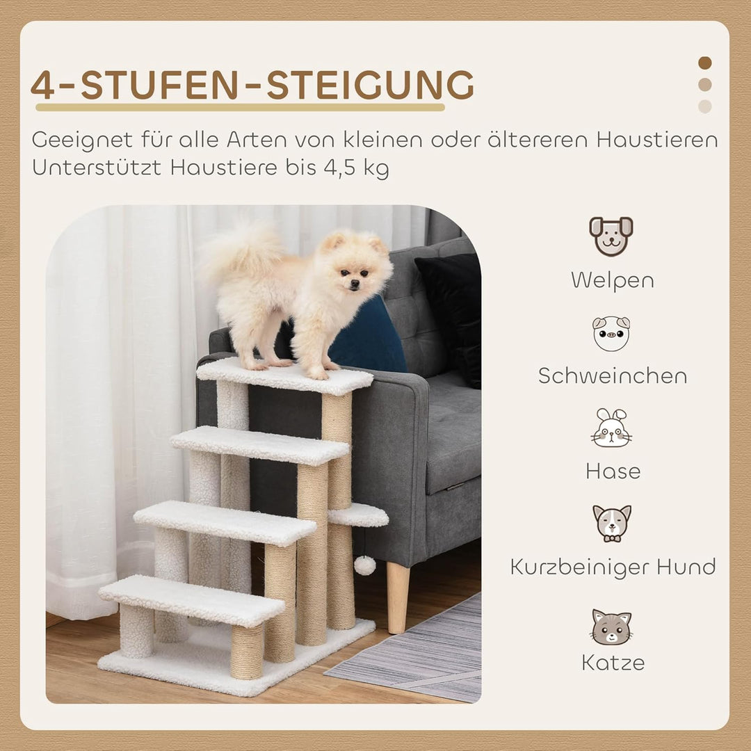 PawHut Katzentreppe 4 Stufen Tiertreppe Treppe für Katze mit Kratzsäulen Ball Haustiertreppe Hundetr