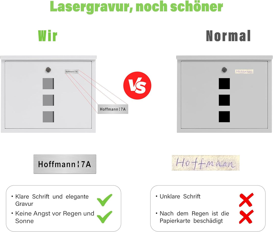 Zedelmaier XL personalisiert Briefkasten mit Edelstahl Namensschild Weiss Wandbriefkasten Postkasten
