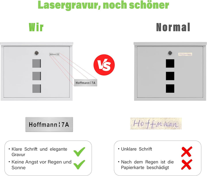 Zedelmaier XL personalisiert Briefkasten mit Edelstahl Namensschild Weiss Wandbriefkasten Postkasten