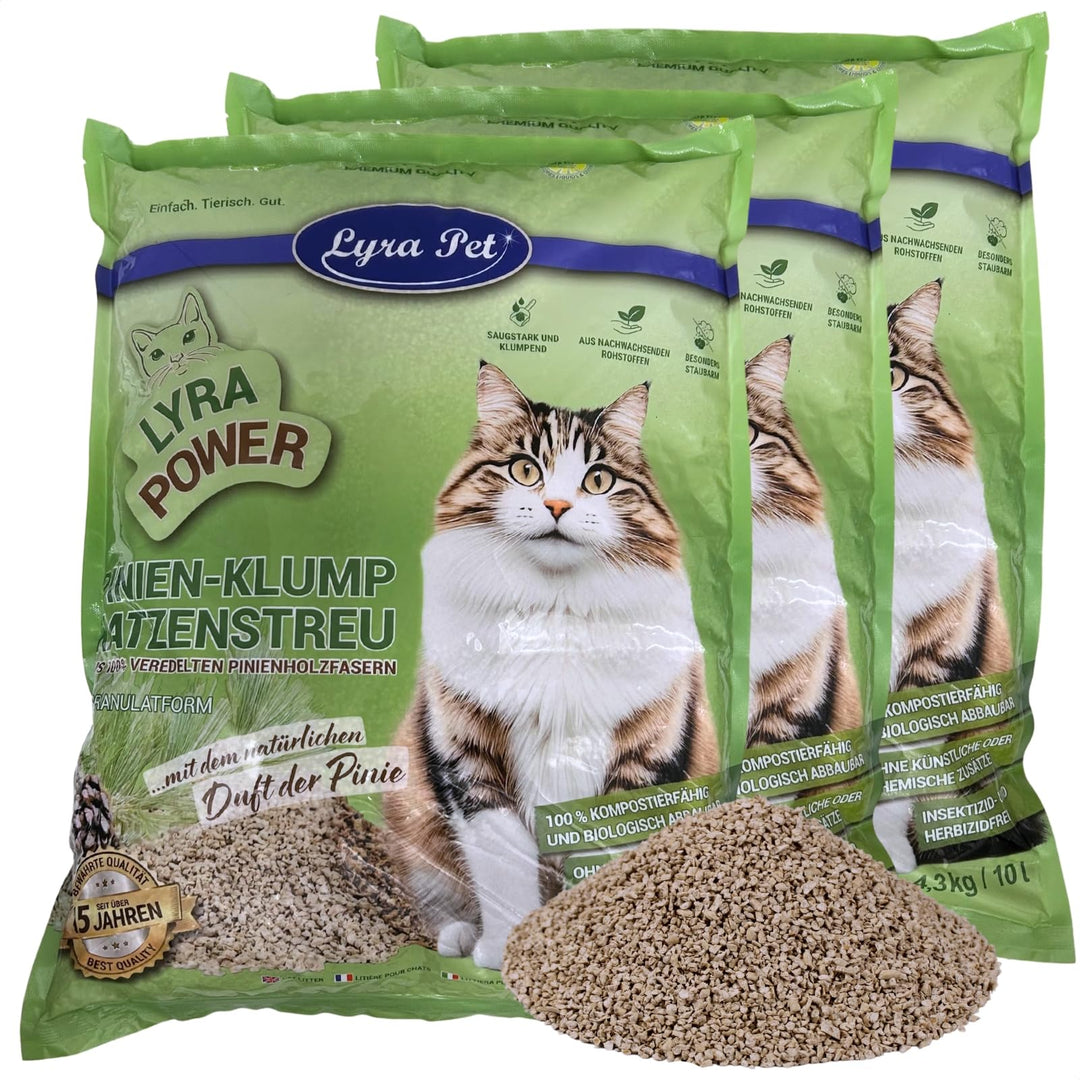 Lyra Pet® | 3 x 10 Liter Lyra Power Pinien Klump Katzenstreu | Natürliche, biologisch abbaubare Klum