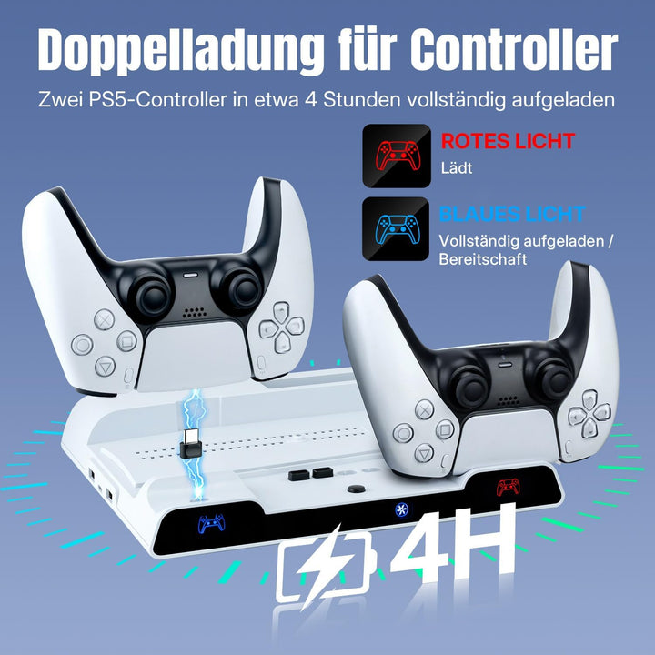 Wigearss PS5/PS5 Slim/PS5 Pro Kühler Standfuss mit Dual Controller Ladegerät, PS5 Controller Ladesta