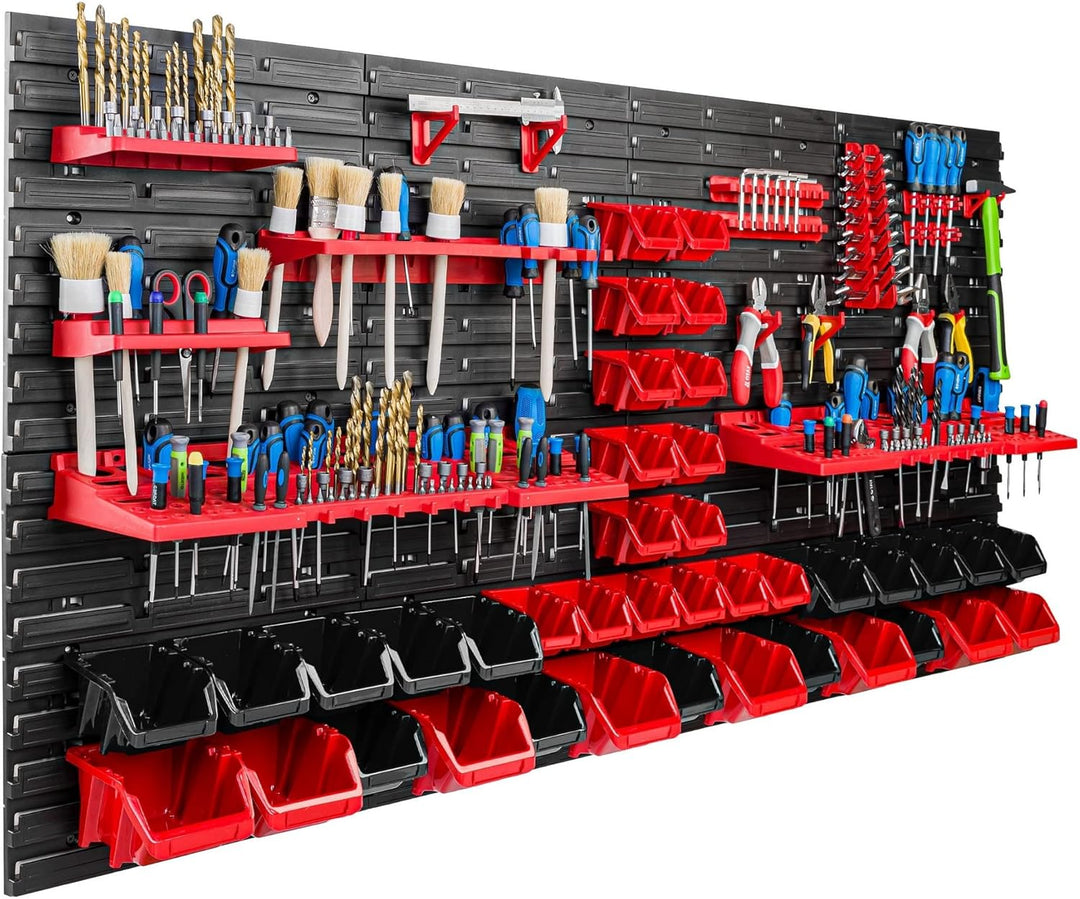 Lagersystem Werkstattregal | 156 x 78 cm | 39 stck. Box | Wandregal mit Werkzeughalterungen und Stap