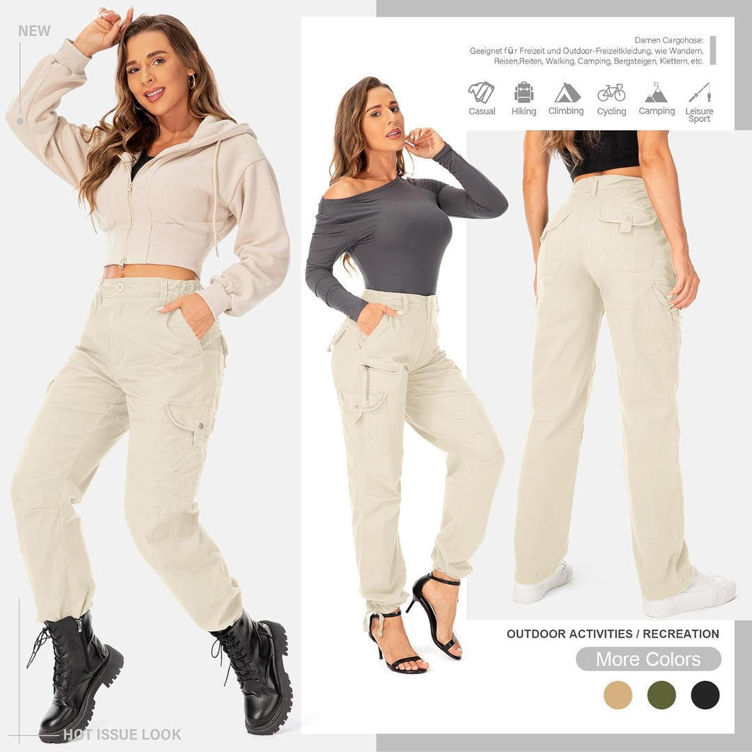 Cargohose Damen Hosen Multi Taschen Wanderhose Outdoorhose Baumwolle Arbeitshose Jogginghose Relaxed