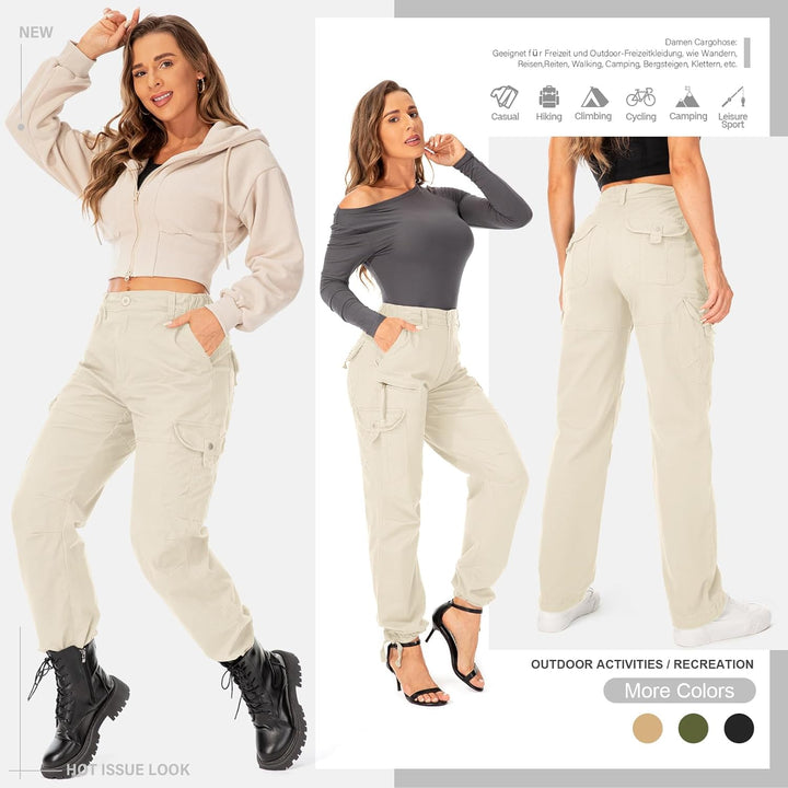 Cargohose Damen Hosen Multi Taschen Wanderhose Outdoorhose Baumwolle Arbeitshose Jogginghose Relaxed