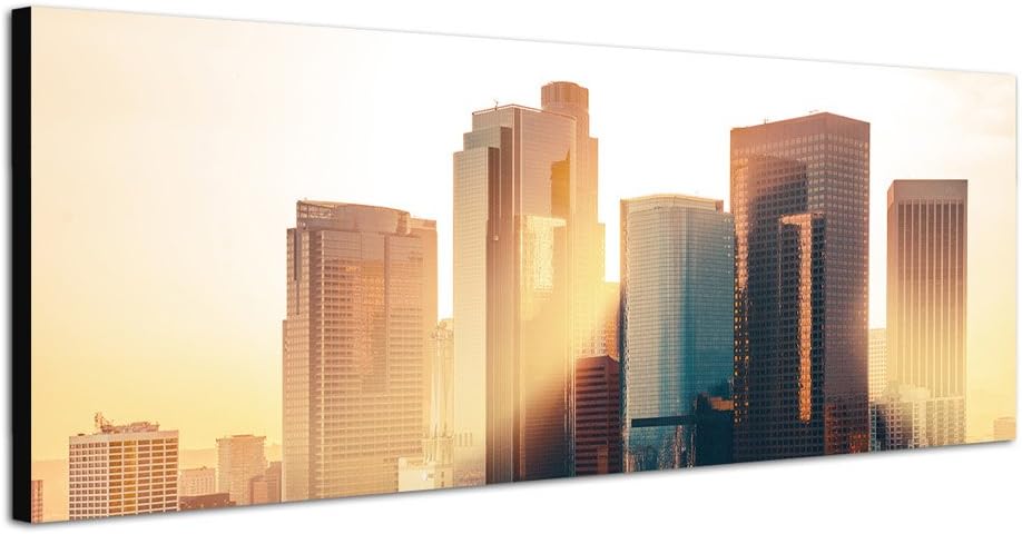 Paul Sinus Art Panoramabild auf Leinwand und Keilrahmen 150x50cm Los Angeles Skyline Sonnenuntergang