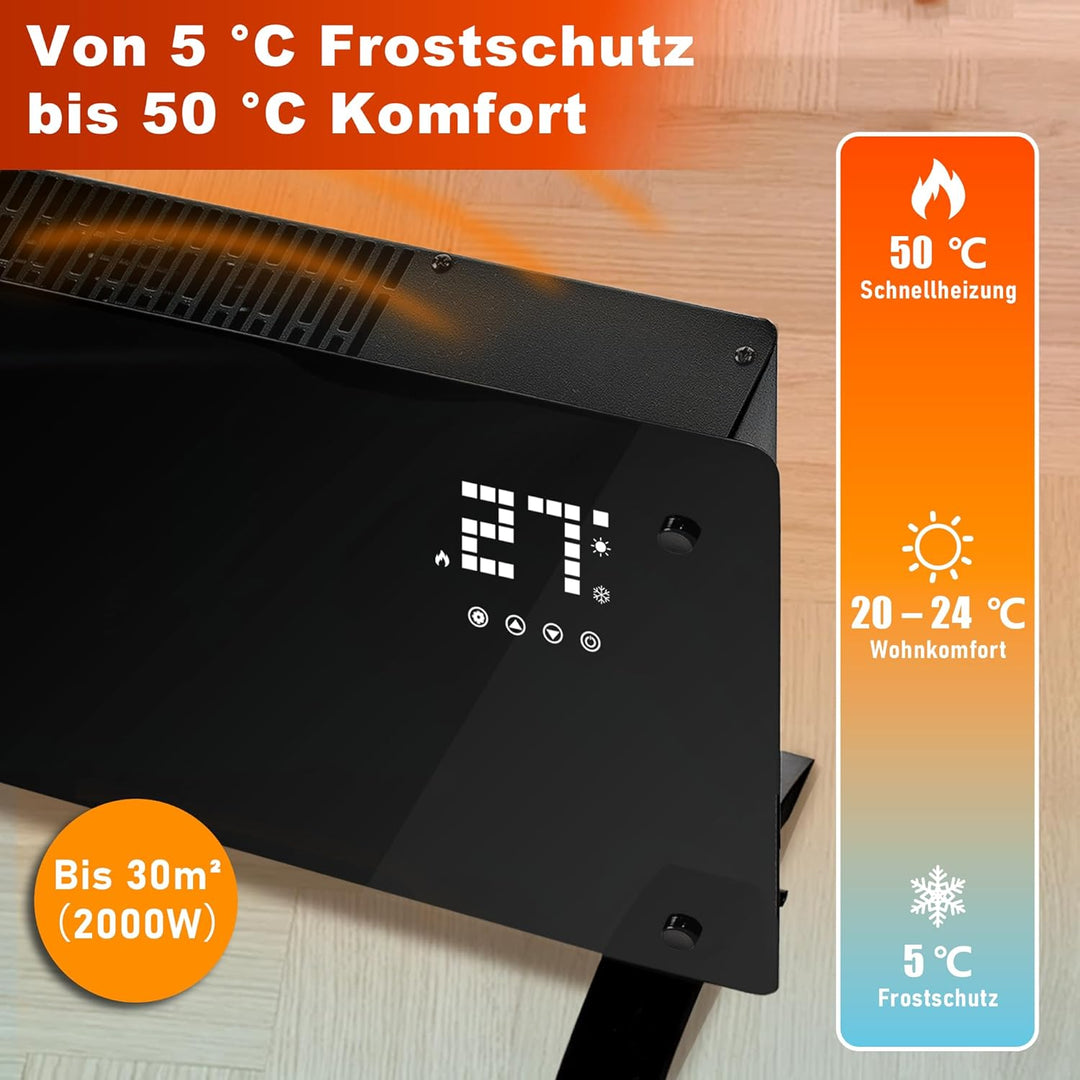 Citybee Elektroheizung Konvektor Heizung Elektrisch - Glasheizung mit Thermostat Energiesparend Leis