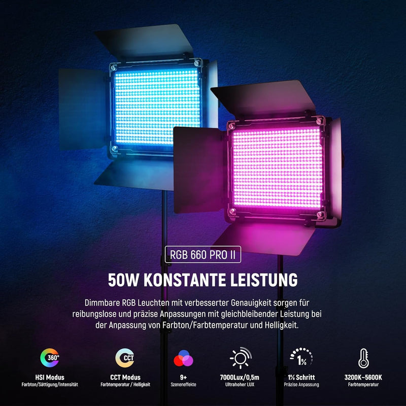 NEEWER 2X Verbesserte 660 PRO II 50W RGB LED Videoleuchte Panel Set Stative Ständer mit App Steuerun