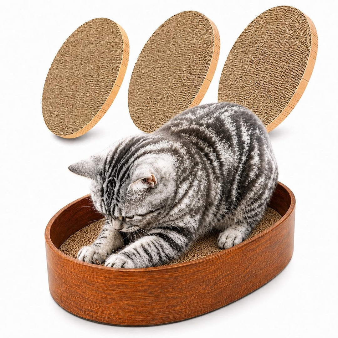 Kratzbrett Katze rund aus robuster Kratzpappe – Ovales Katzenkratzbett mit 3 austauschbaren, doppels