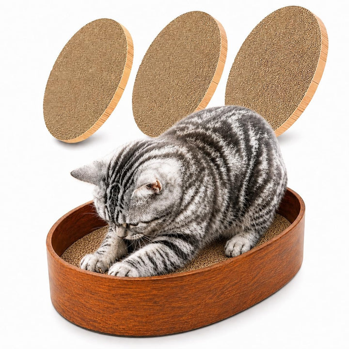 Kratzbrett Katze rund aus robuster Kratzpappe – Ovales Katzenkratzbett mit 3 austauschbaren, doppels