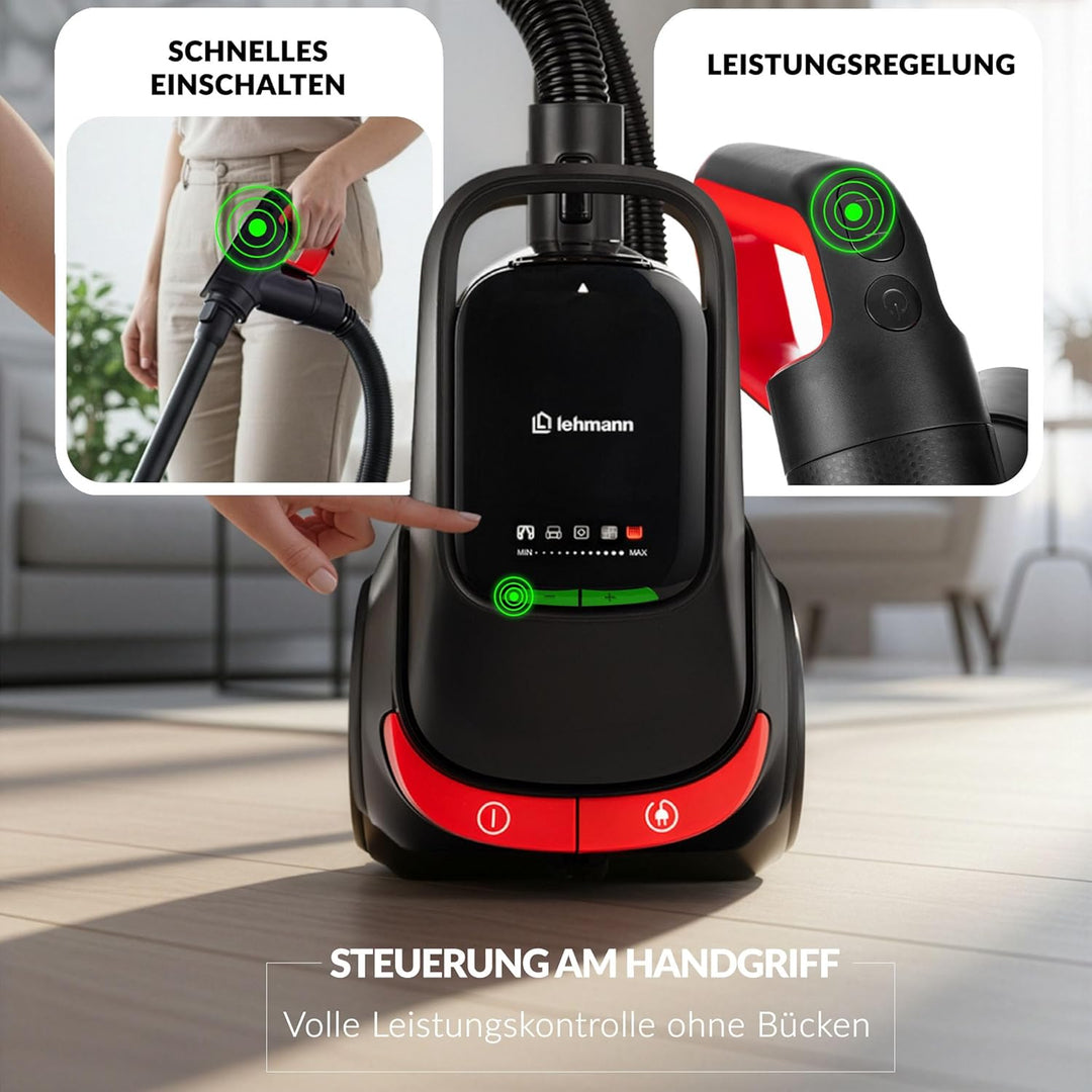 LEHMANN Staubsauger beutellos mit Handgriff-Steuerung, Leistungsstarke Zyklontechnologie, 2-Fach Fil