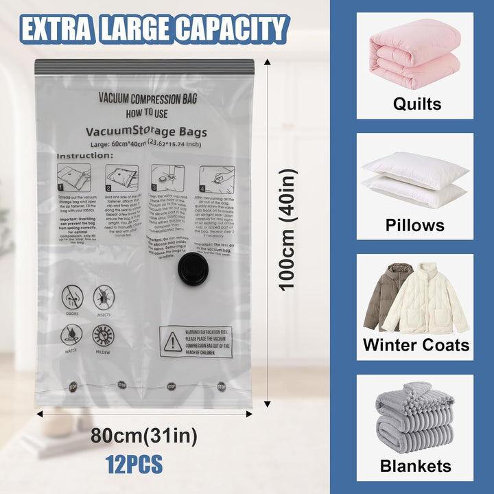 80×100 cm Vakuumbeutel für Kleidung 12 Stück Gross Vakuumbeutel für Bettdecken Feuchtigkeits Vacuum
