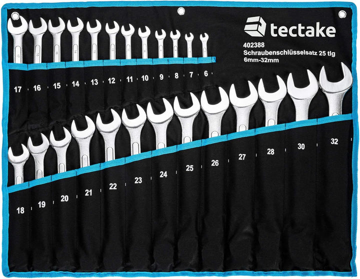 TecTake Maulringschlüssel Satz 6-32 mm 25-teilig mit Tetron Rollstasche - Diverse Farben - (Blau | N