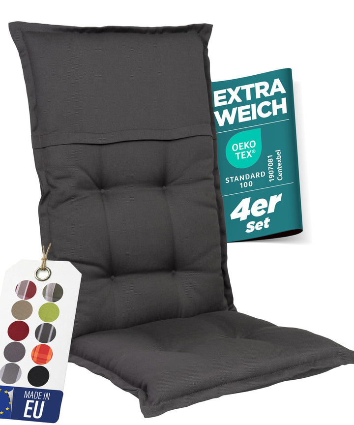 Gartenstuhlauflagen Hochlehner, 4er Set, Anthrazit | Extra Dicke Sitzauflagen, Made in EU, Polsterau