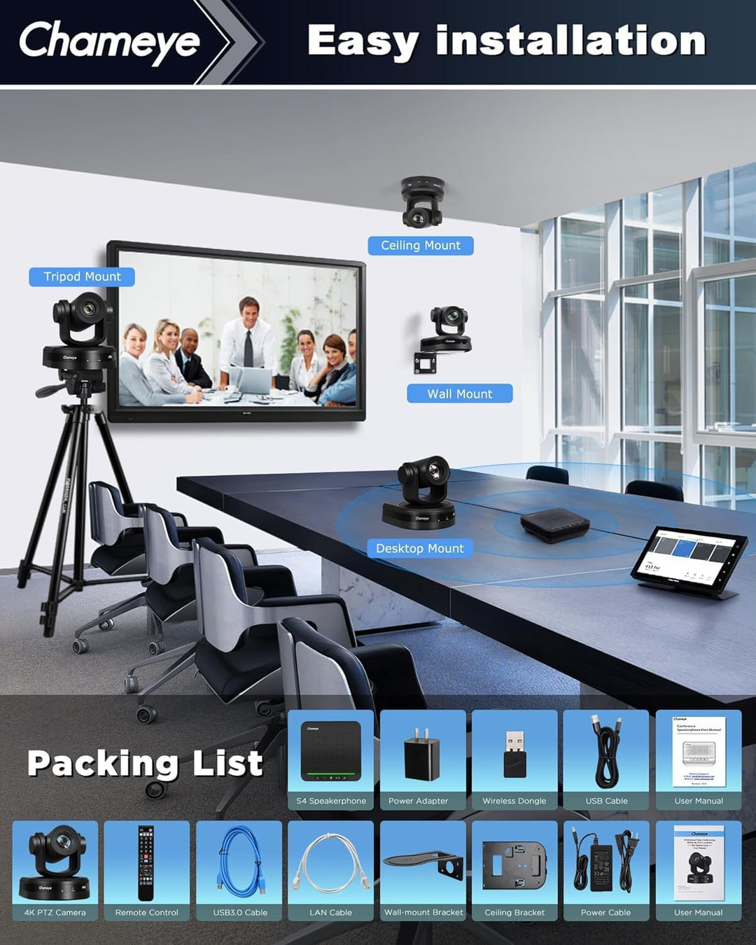 Chameye 4K 10x AI PTZ Konferenzkamera Set mit Bluetooth Konferenzmikrofon, 4K PTZ Kamera mit KI-Auto