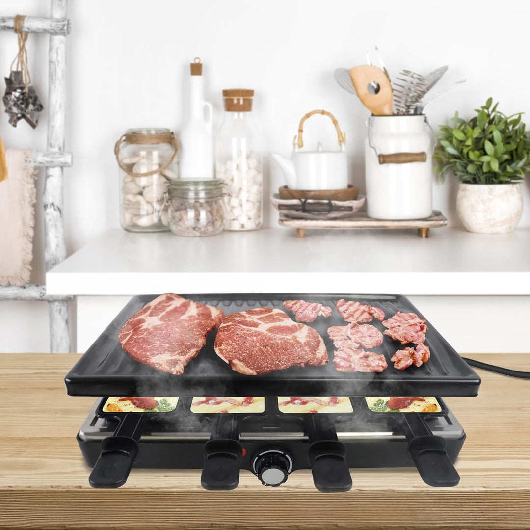 1400W Raclette Grill für 8 Personen Doppelstöckiger Tischgrill inkl. Antihaftbeschichtet, Steinplatt