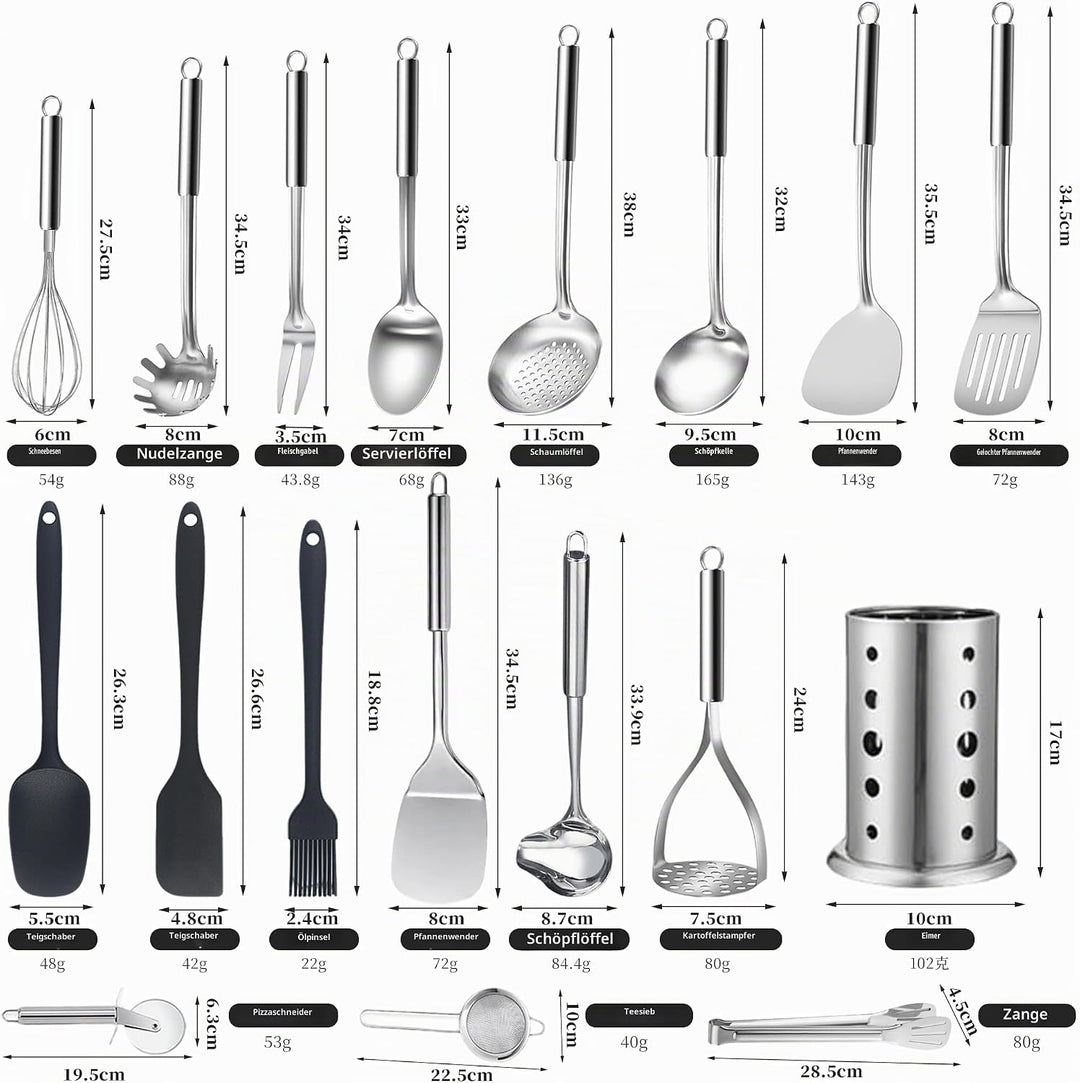 18teilig, Edelstahl Kochutensilien Set, mit Pfannenwender Suppenkelle Schaufel Schlitzwender Sieb Fl
