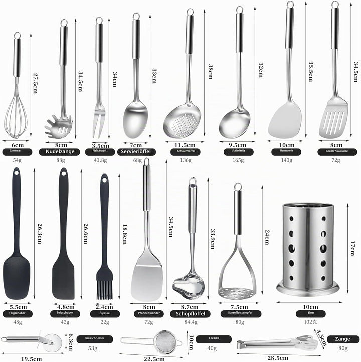 18teilig, Edelstahl Kochutensilien Set, mit Pfannenwender Suppenkelle Schaufel Schlitzwender Sieb Fl