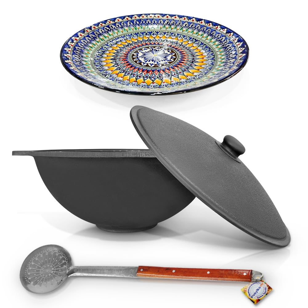 Set - Usbekischer Gusseisen Kasan 22 L runder Boden, Deckel aus Aluminiumguss Schaumlöffel 64 cm Lag