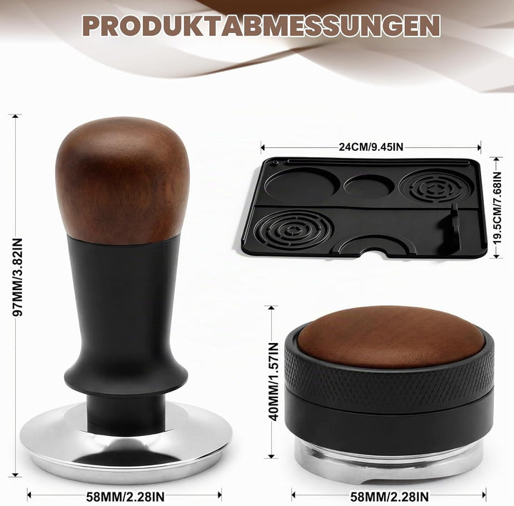 Kaffeetamper Set 58mm Edelstahl mit Echtholz-Griff - Profi Espresso Tamper &amp; Höhenverstellbarer Kaff
