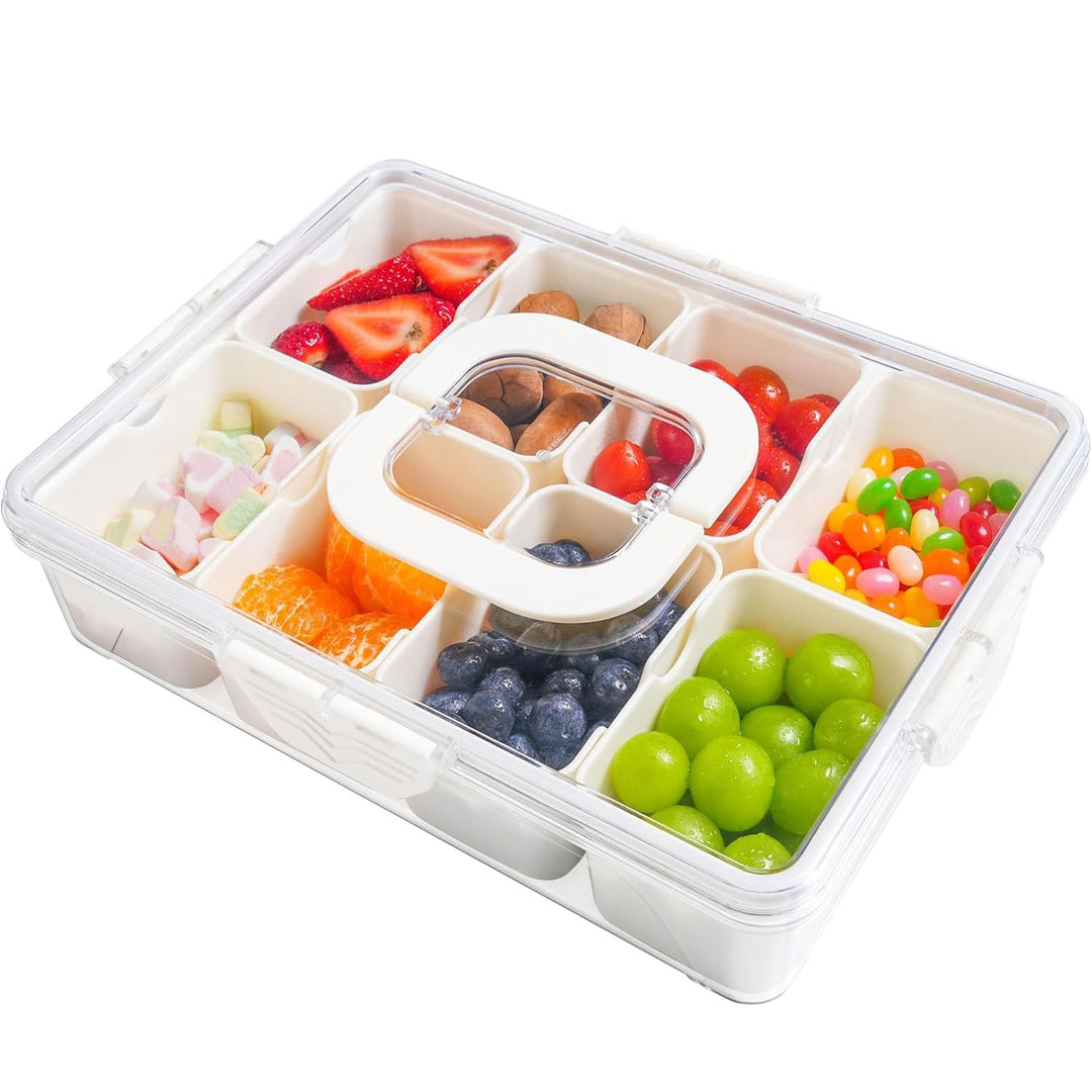 Snackbox mit 8 Fächern, Snackteller mit Deckel und Griffen, Snackdose für Snacks kinder, Süssigkeite