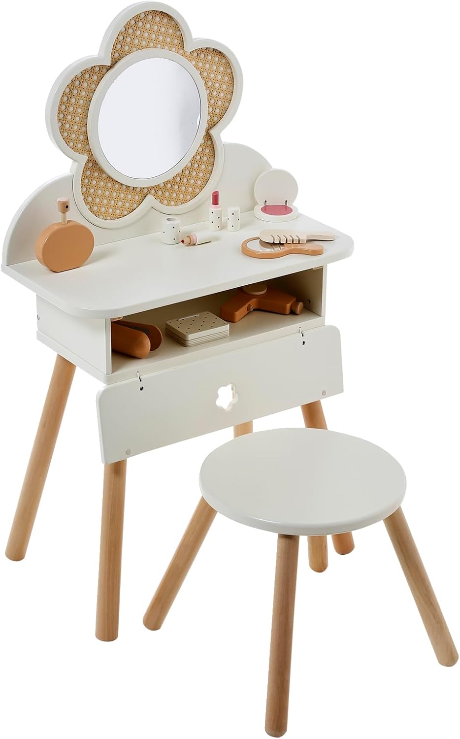 VERTBAUDET Frisiertisch mit Zopfmuster + Zubehör aus Holz, FSC®, weiss, Weiss