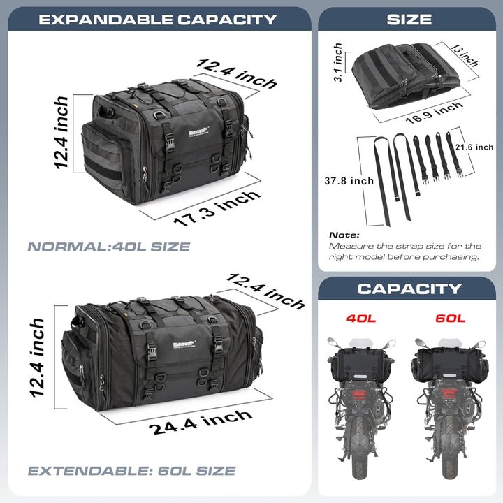 Rhinowalk Motorrad Sitztaschen 40-60L Wasserdicht Motor Rücksitztasche Gepäcktasche Hecktasche Erwei