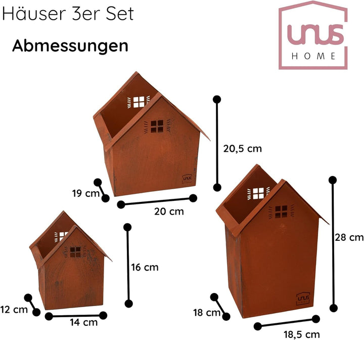 UNUS Deko Häuser 3er Set, Lichthäuser aus Metall in Rostbraun, Herbstdeko Outdoor, Weihnachtsdorf mi