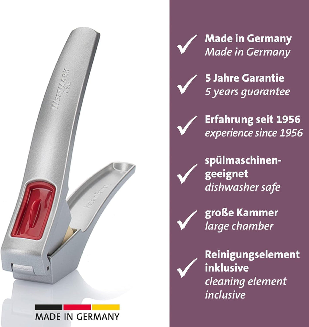 Westmark Knoblauchpresse mit extra grosser Kammer und Reinigungselement, Länge: 16,2 cm, Aluminium/K