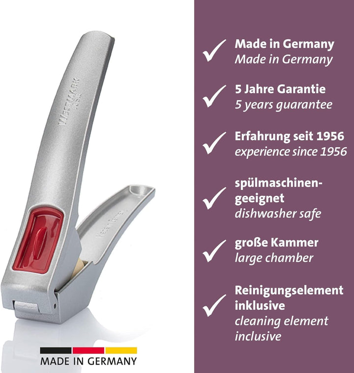Westmark Knoblauchpresse mit extra grosser Kammer und Reinigungselement, Länge: 16,2 cm, Aluminium/K
