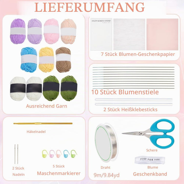 INFUNLY Häkelsets Für Gemischte Blumensträusse Für Anfänger. Komplette Blumenstrauss-Häkelsets Für E